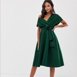 ASOS fallen shoulder midi dress with tie detail